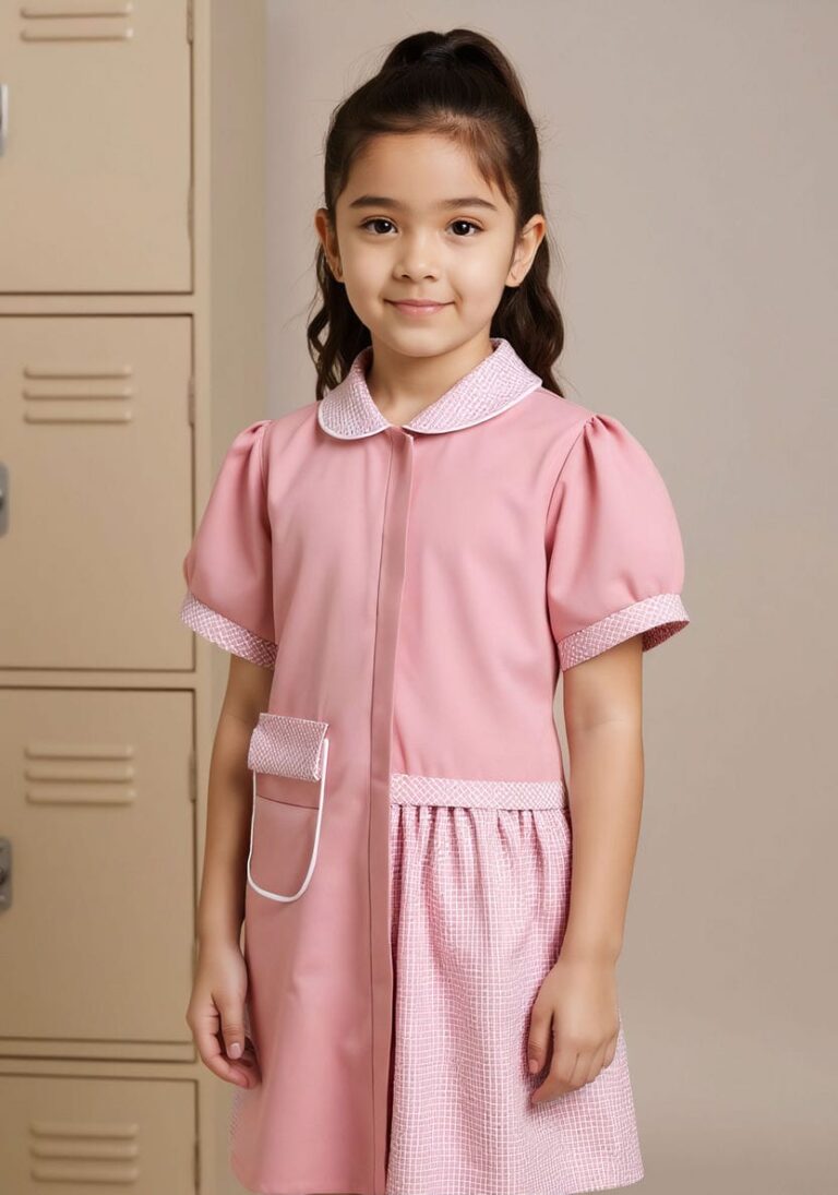 Amir - Pink school dress with an asymmetrical pocket and a contrasting skirt design - for girls