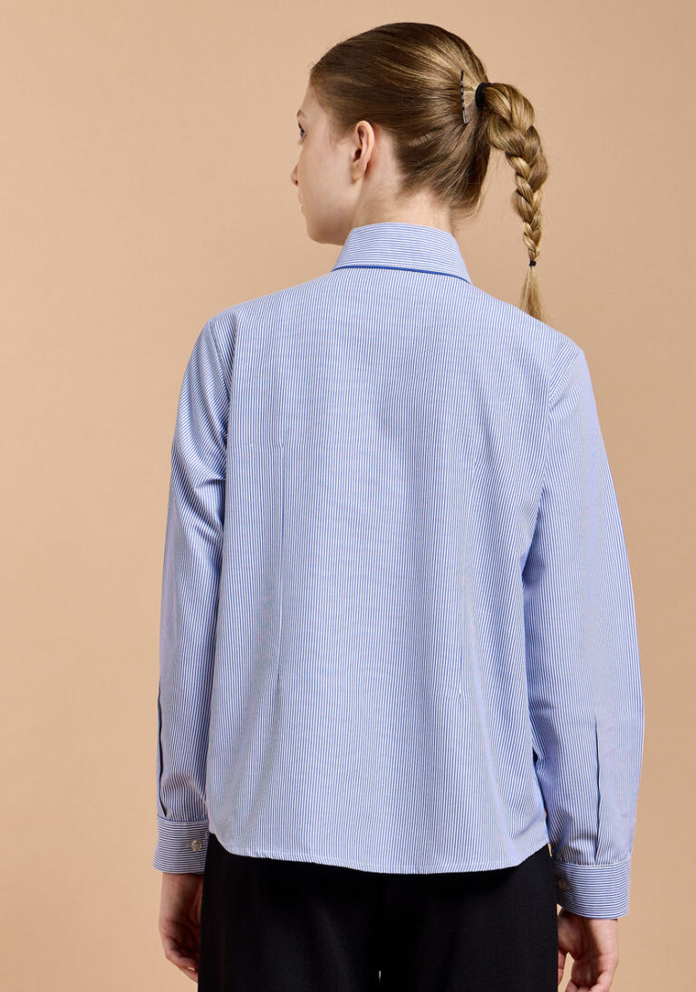 Amir - Girls' Striped School Shirt with Blue Trim Collar