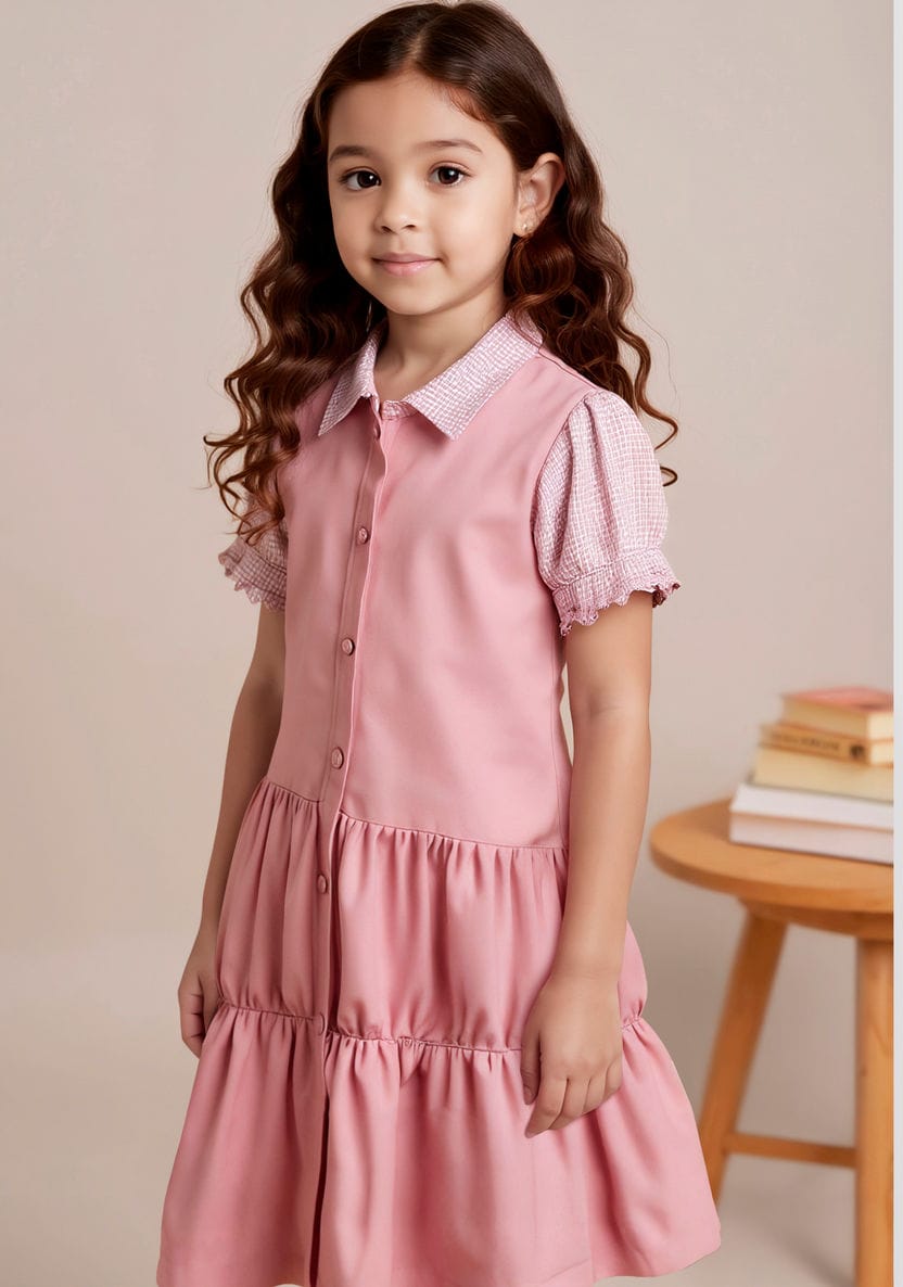 Amir - Pink short-sleeved school dress with a multi-layered ruffled skirt - for girls