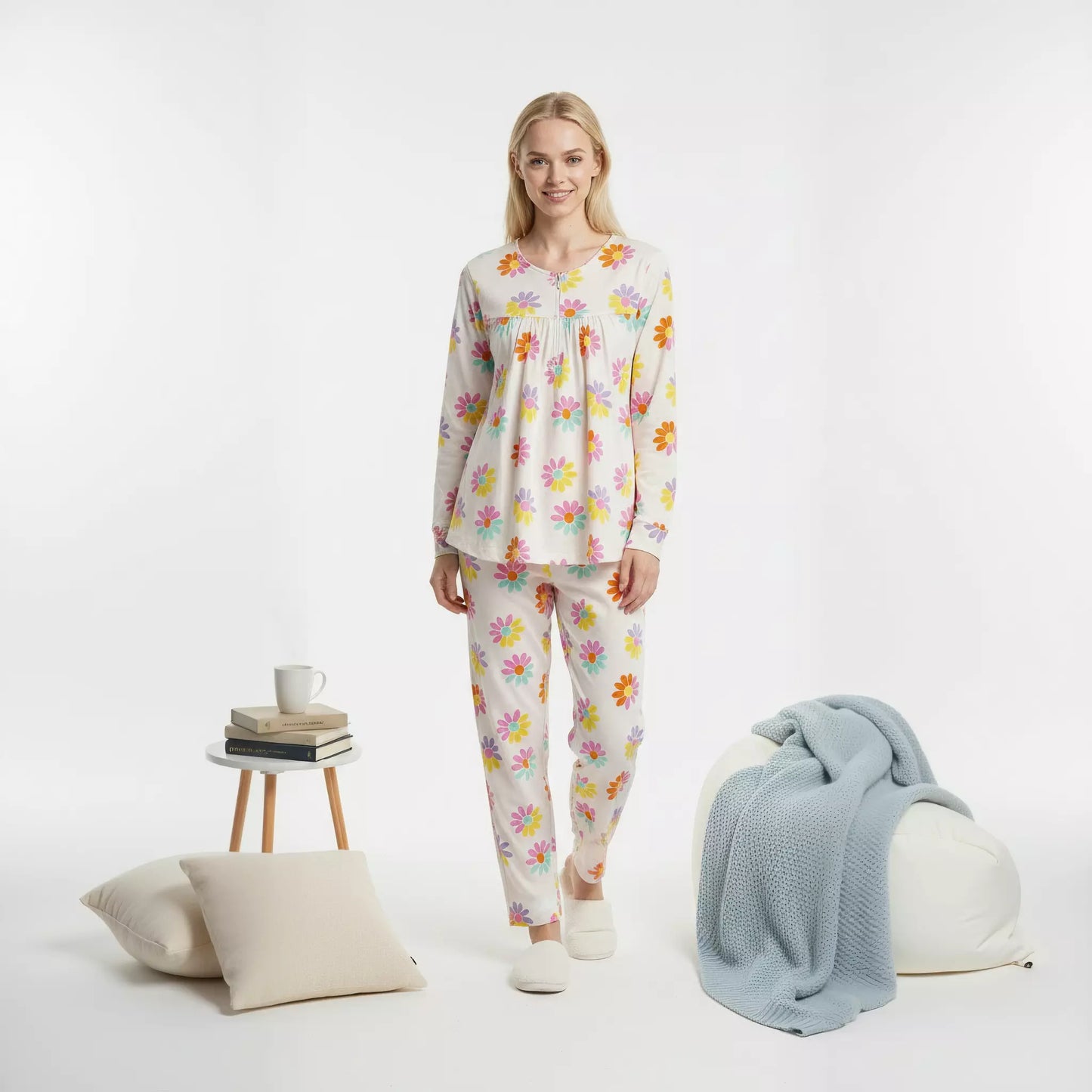 Sun Flower Zip Neck Women Pajama Set- White