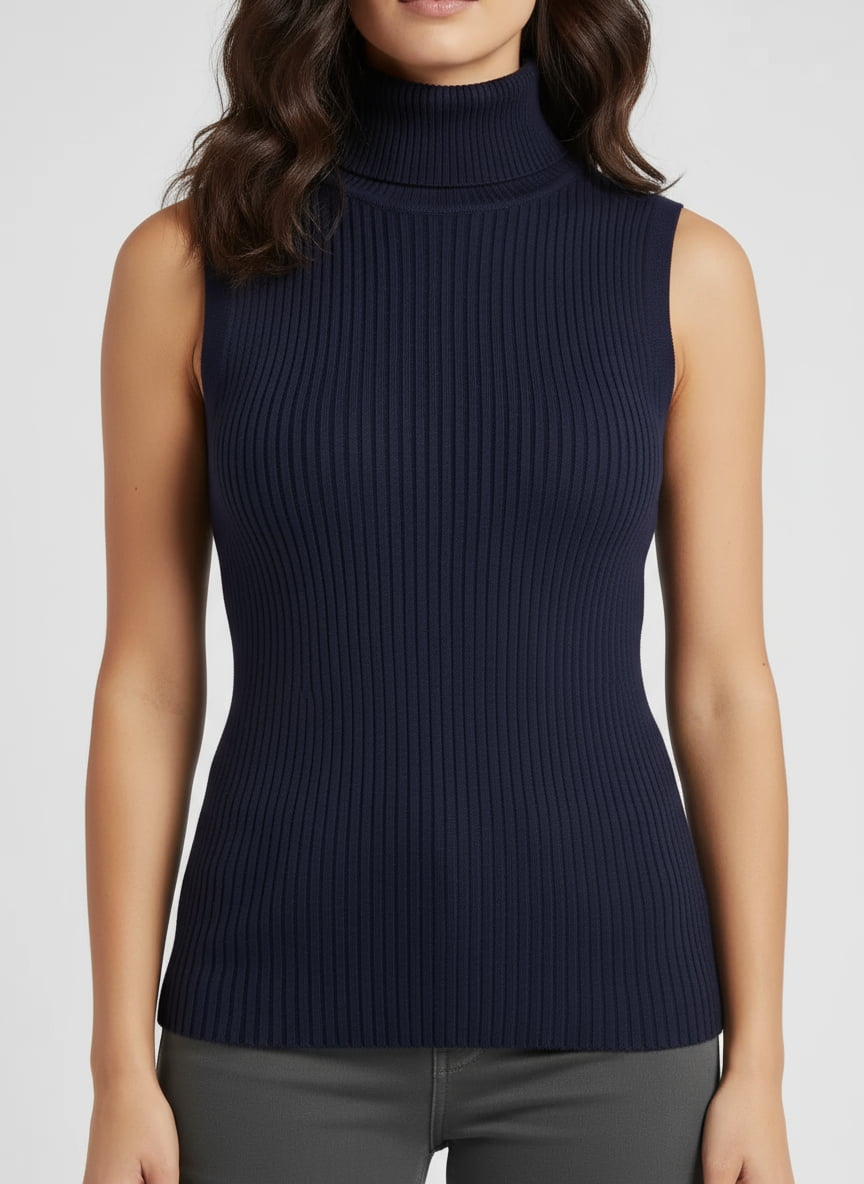 Turtle Neck Women Sleeveless Sweater-Navy Blue