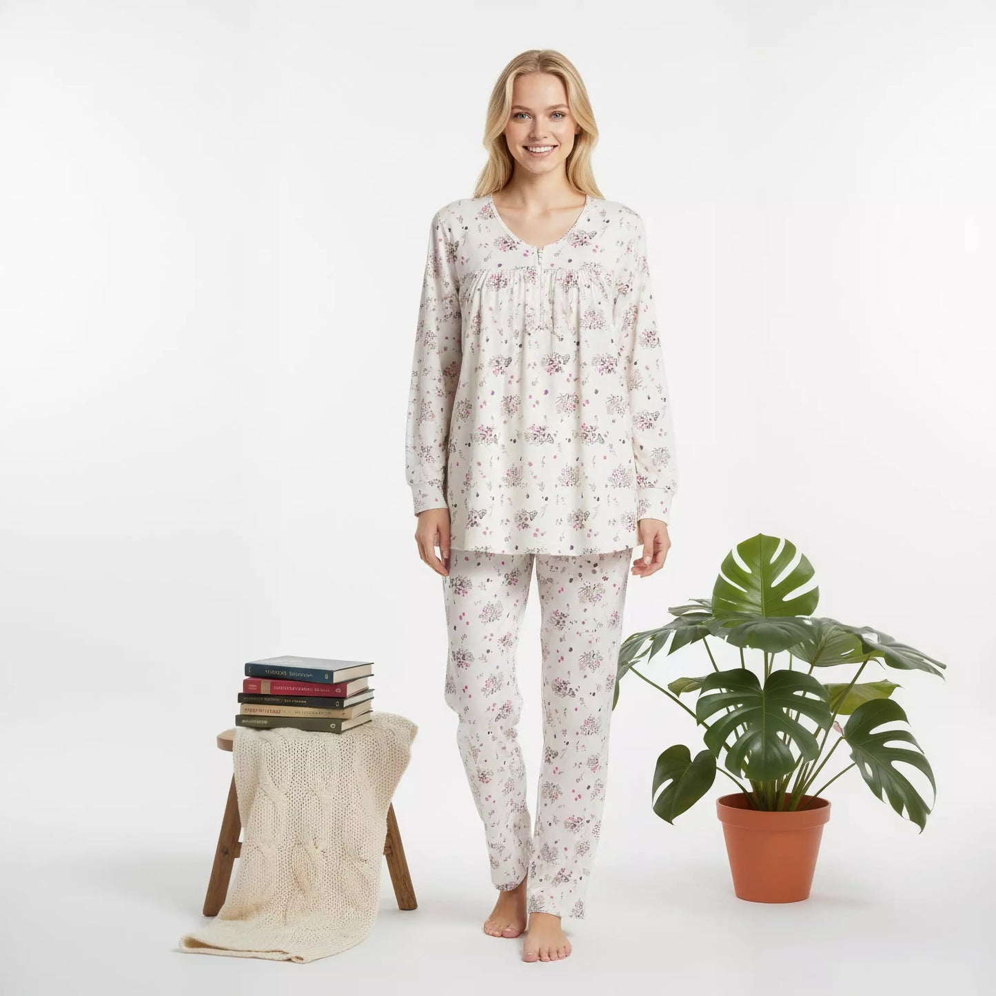 Blossom floral Zip Neck Women Pajama Set- White