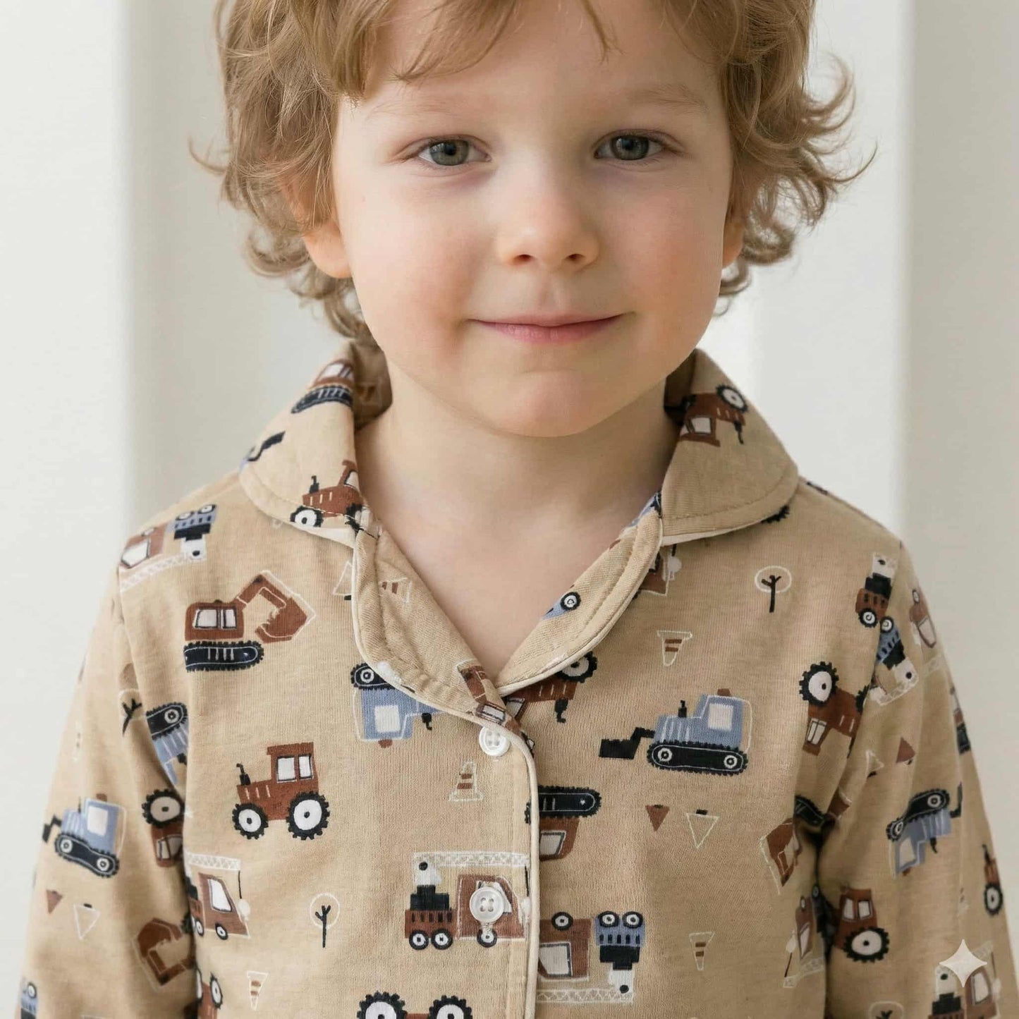 Farm Tractor Button Boy Pajama Set- Brown