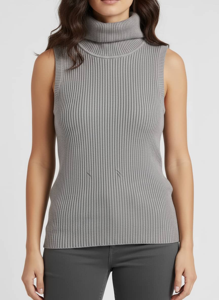 Turtle Neck Women Sleeveless Sweater-Grey