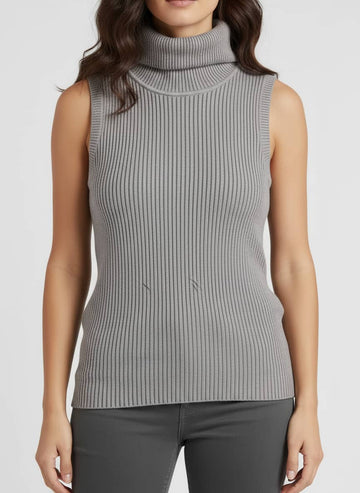 Turtle Neck Women Sleeveless Sweater-Grey