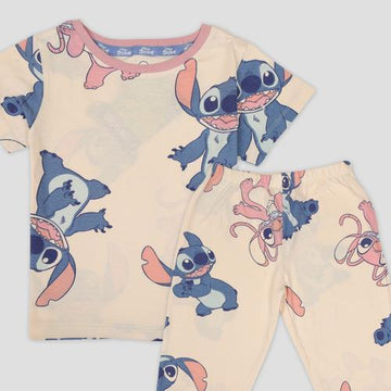 Disney Girls Sets Stitch Girls Half Sleeves Pajama Set - Cream