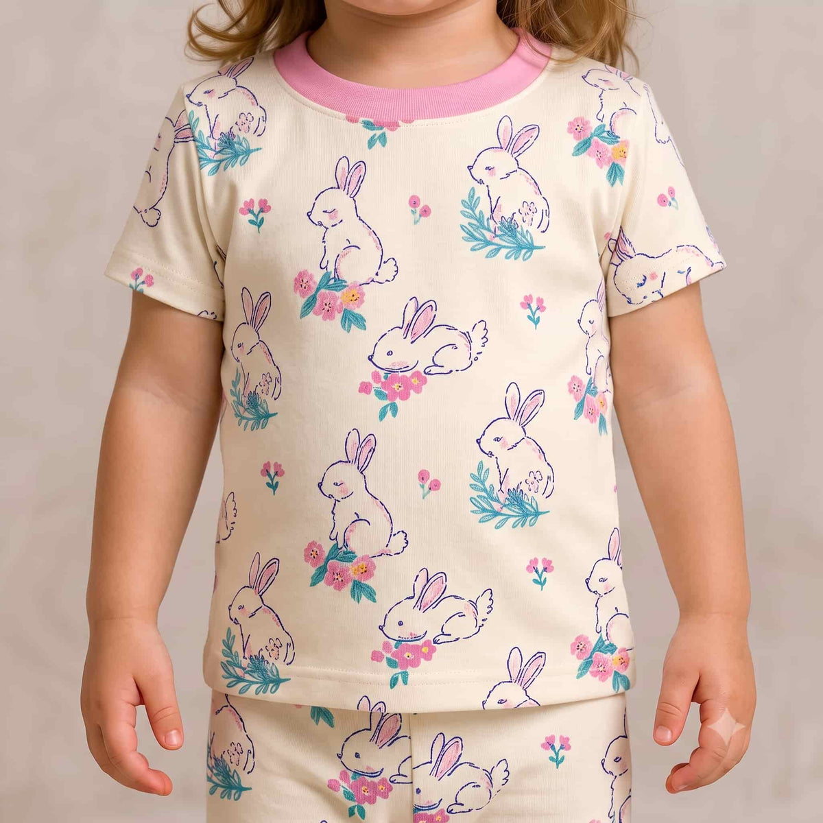 Bunny Blossom Baby Girls Half Sleeves Pajama Set – Cream