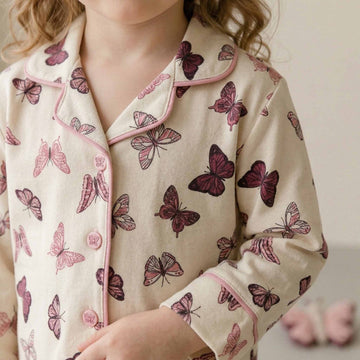Butterfly Garden Girl Button Pajama Set - Beige