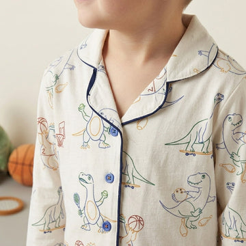 Playful Dino Boy Button Pajama Set - White