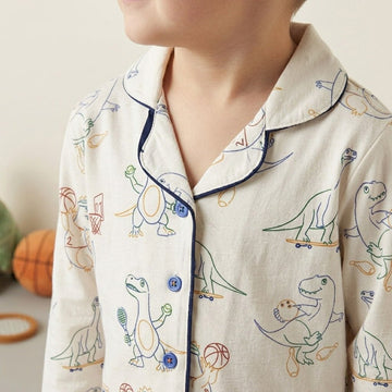 Playful Dino Boy Button Pajama Set - White