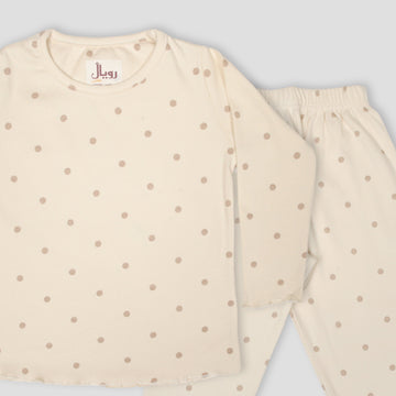 Royal Girls Sets Dotted Girls Full Sleeves Pajama Set - Cream