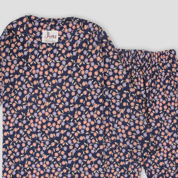 Royal Girls Sets Floral Girls Full Sleeves Pajama Set - Navy Blue