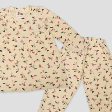 Royal Girls Sets Floral Leaves Girls Full Sleeves Pajama Set- Yellow