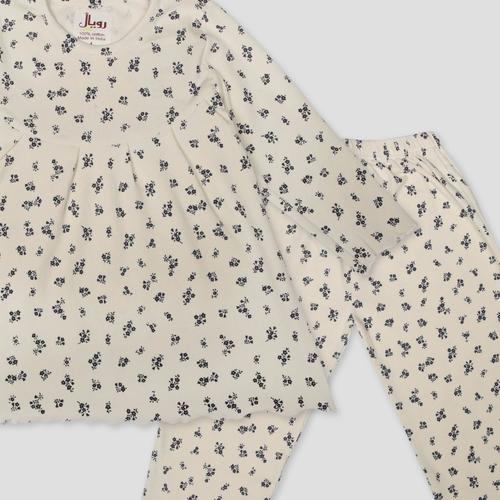 Royal Girls Sets Flower Boquete Girls Full Sleeves Pajama Set- Yellow