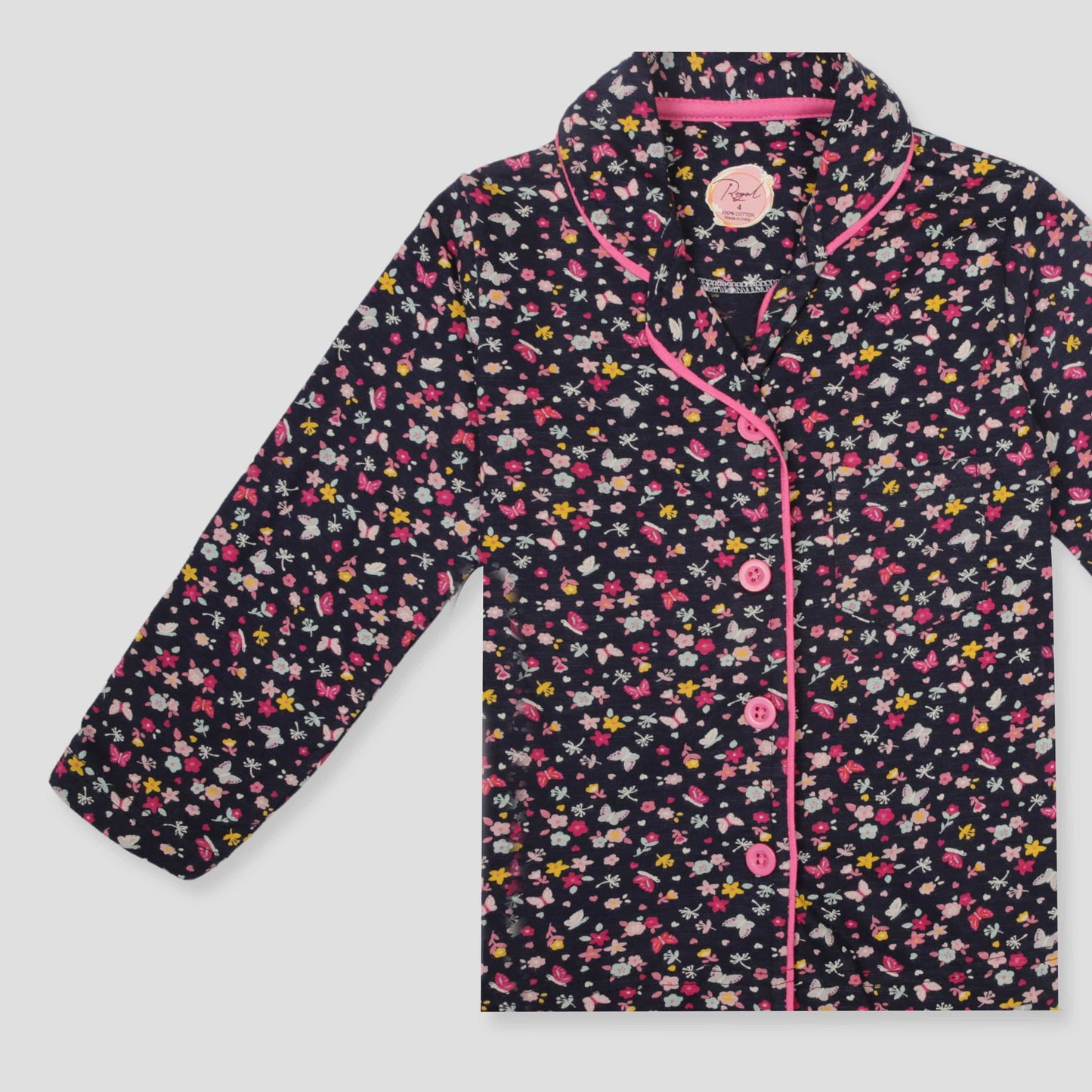 Royal Girls Sets Midnight Bloom Girls Full Sleeves Button Pajama Set - Black