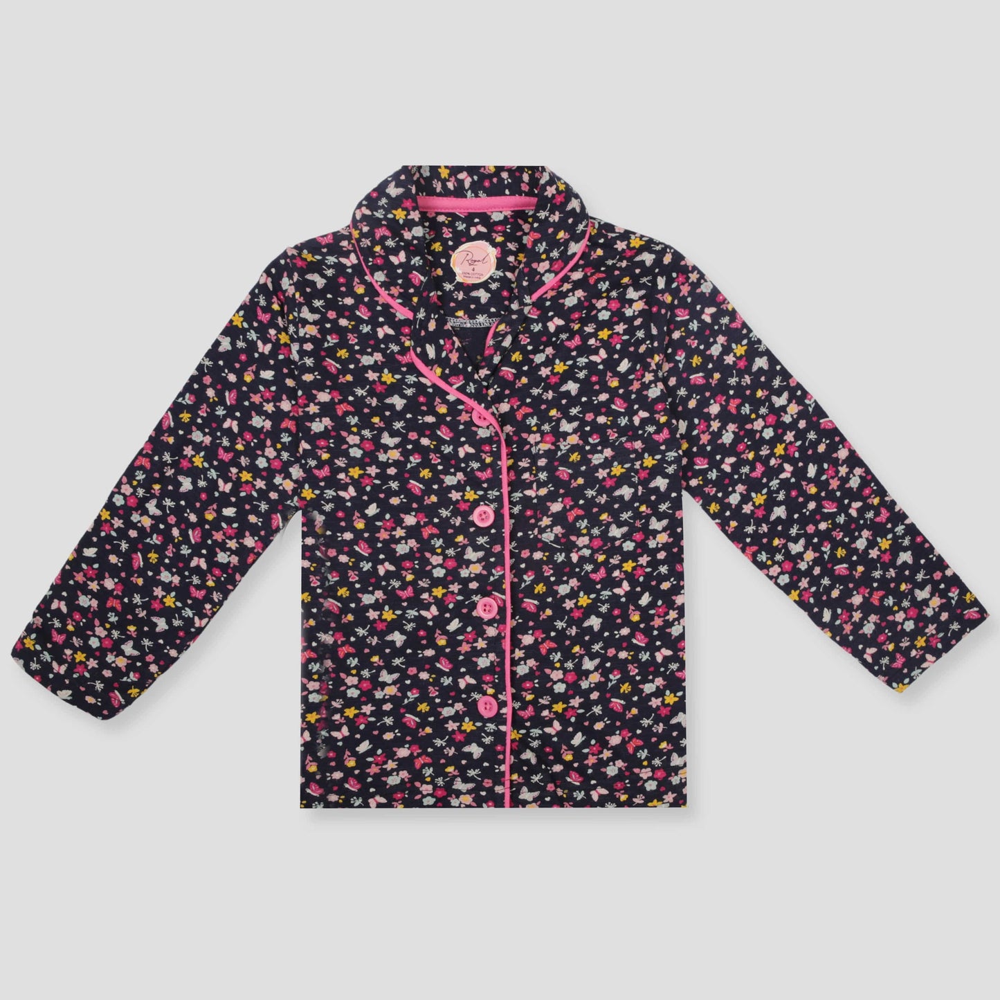 Royal Girls Sets Midnight Bloom Girls Full Sleeves Button Pajama Set - Black