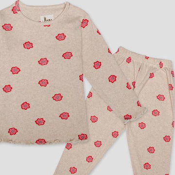 Royal Girls Sets Red Blossom Girls Full Sleeves Pajama Set- Beige