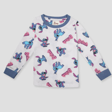 Royal Girls Sets Stitch Girls Full Sleeves Pajama Set - White