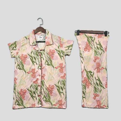 Royal Women Pajama Set Floral Women Button Pajama Set - Pink