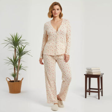 Multi Color Heart Full Button Women  Pajama Set- Light Yellow