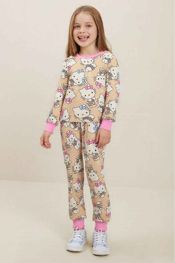 Hello Kitty Girl Cotton Fleece Pajamas Set- Beige