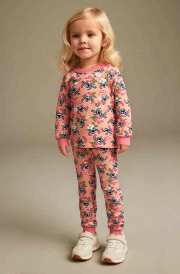Stich Girl Cotton Fleece Pajamas Set- Peach