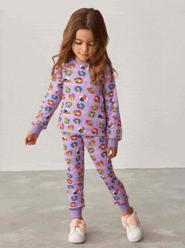 Princess Girl Cotton Fleece Pajamas Set- Purple