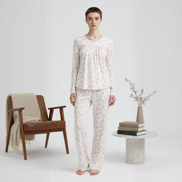 Flora Zip Neck Women Pajama Set- White