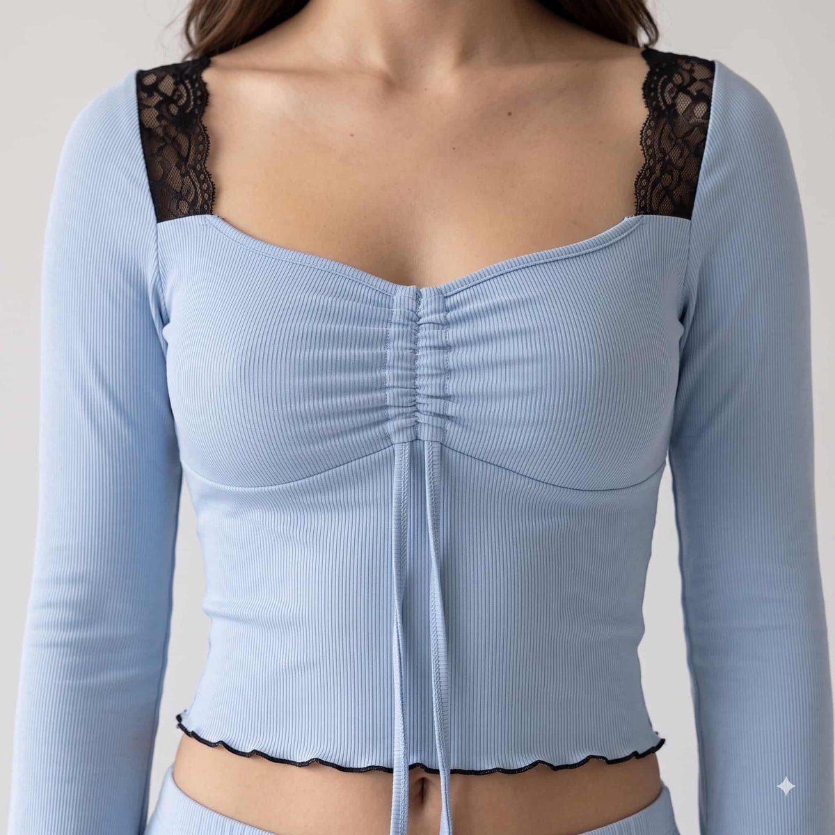 Square Neck Pointelle Knit Women Pajama Set - Light Blue