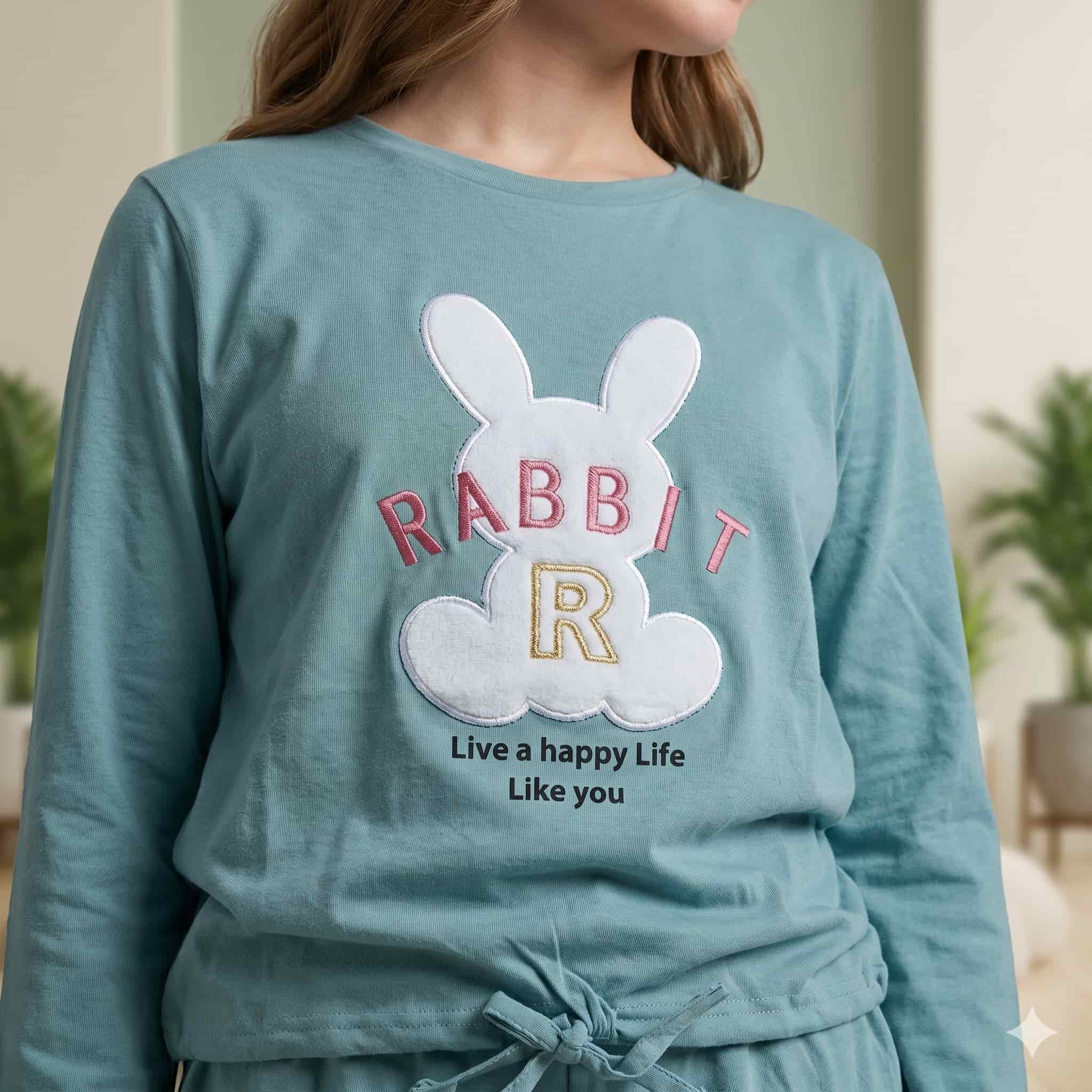 Dreamy Bunny Girls full sleeves pajama set - dusty blue