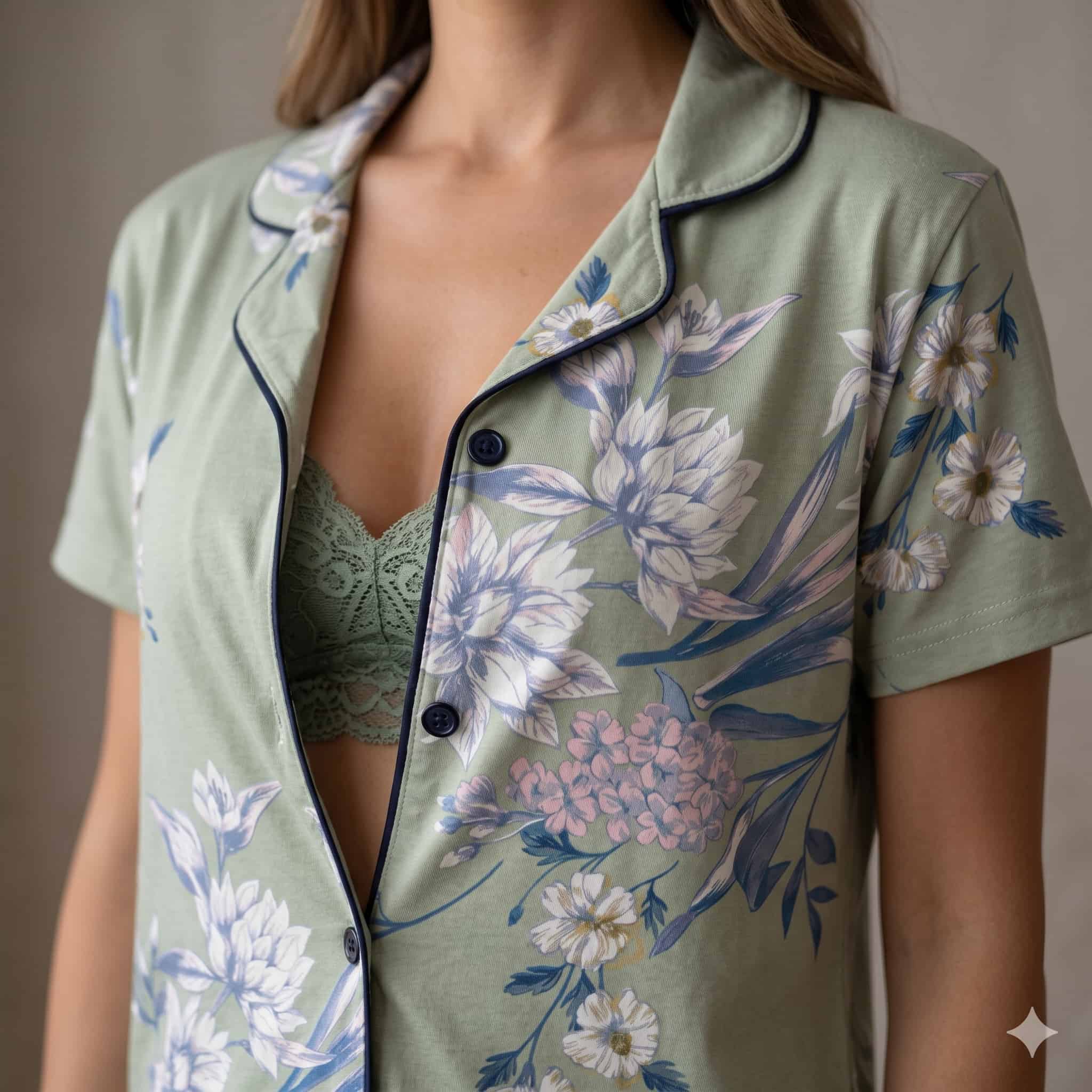 Sage Bloom Women Half Sleeves Pajama Set - Sage Green
