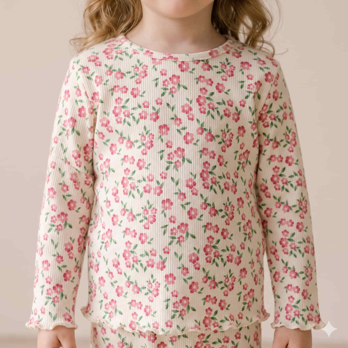 Petal Bliss Girls Full Sleeves Pajama Set – Ivory Cream