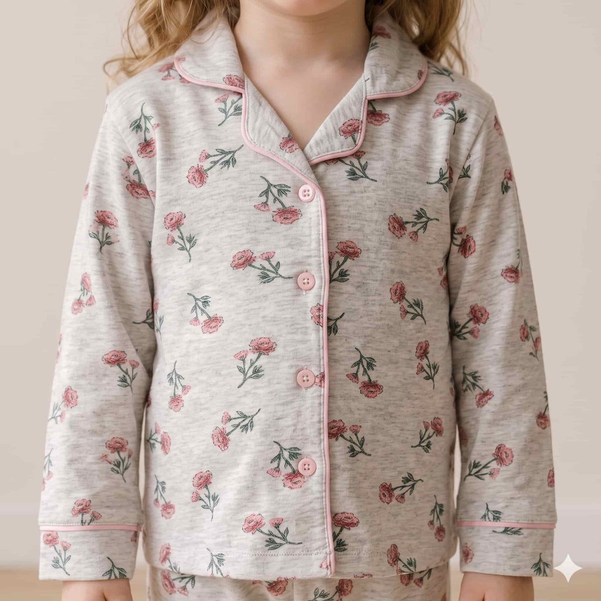Rosy Bloom Girls Full Sleeves Pajama Set - Grey & Pink