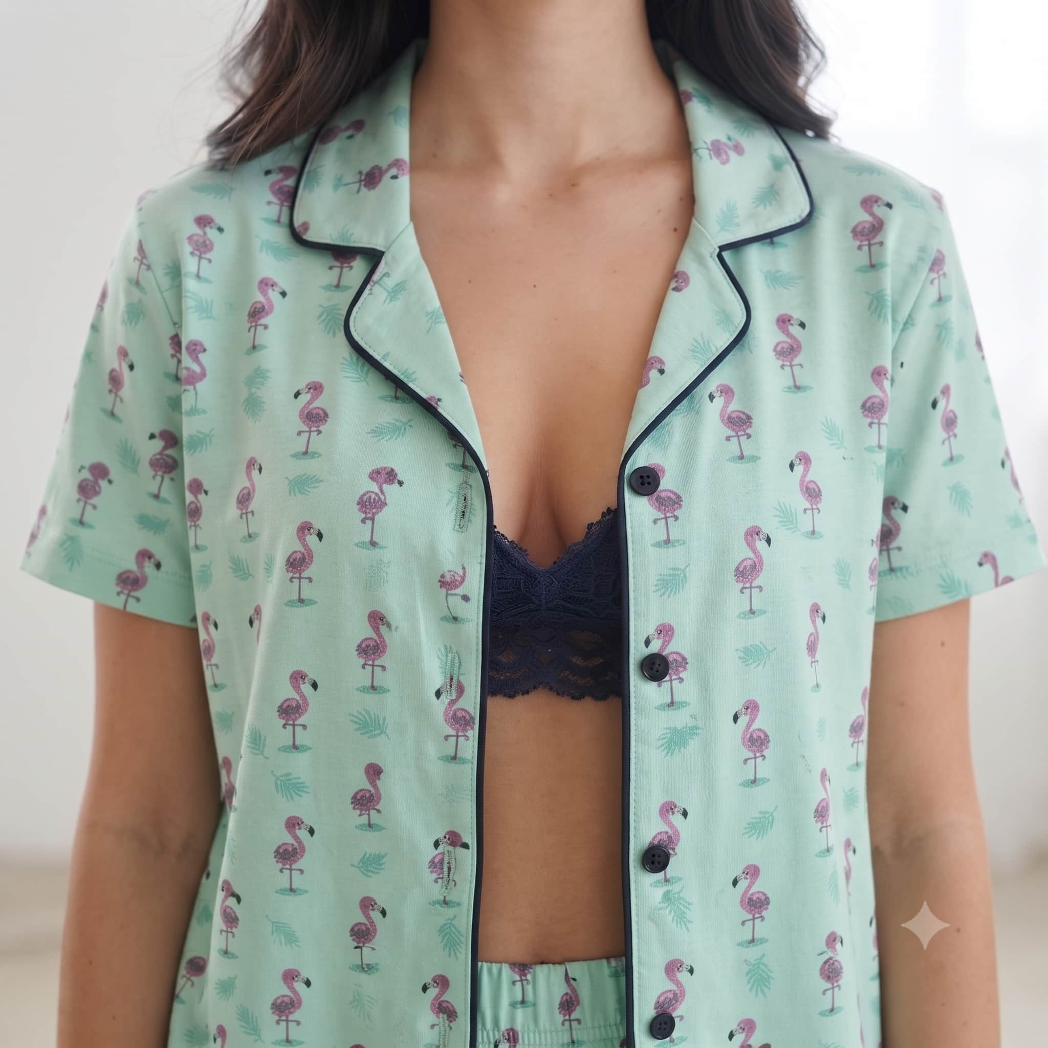 Flamingo Women Half Sleeves Pajama Set – Mint Green