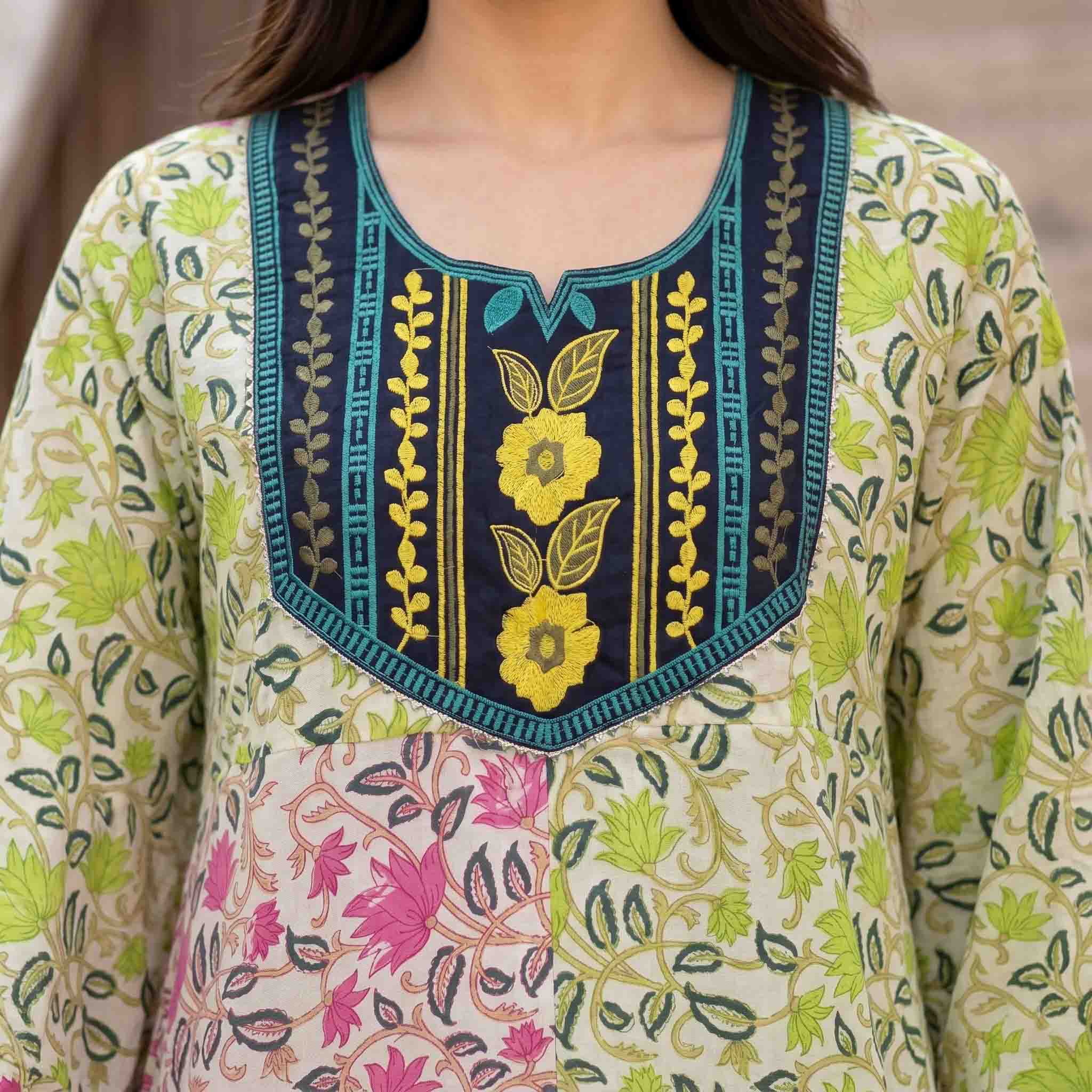 Spring Blossoms Women Darra - Green & Pink