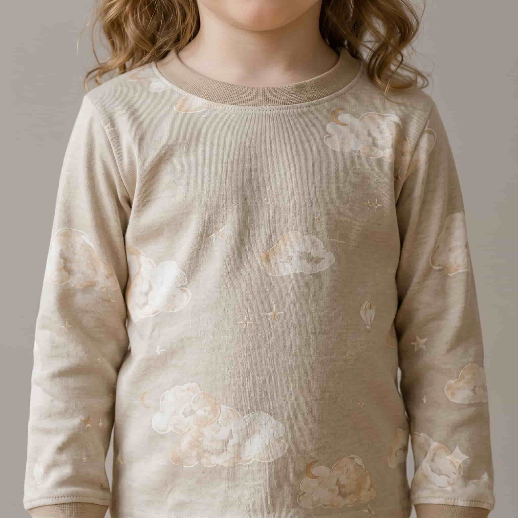 Dreamy Clouds Girls Full Sleeves Pajama Set - Beige