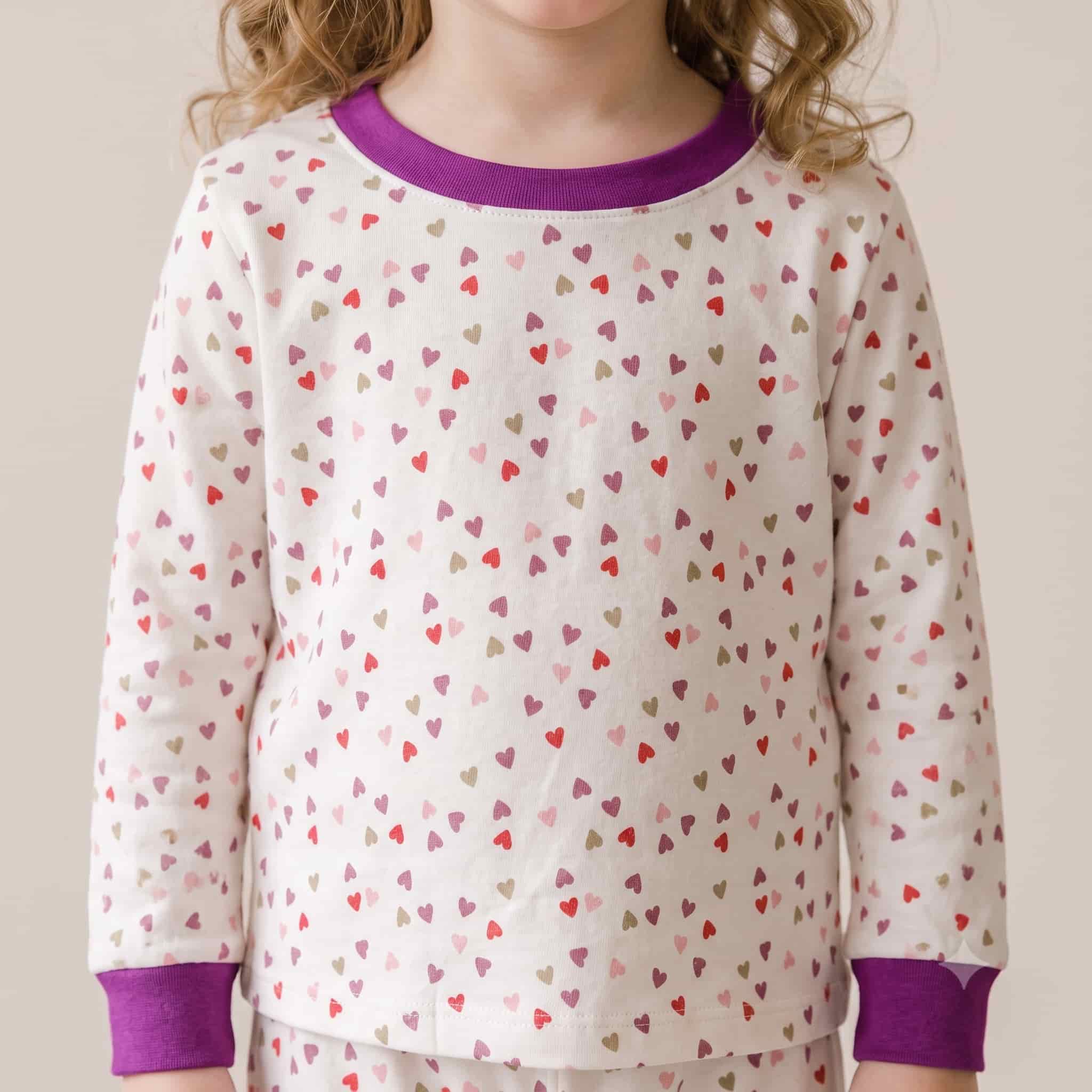 Confetti Hearts Girls Full Sleeves Pajama Set - Deep Purple