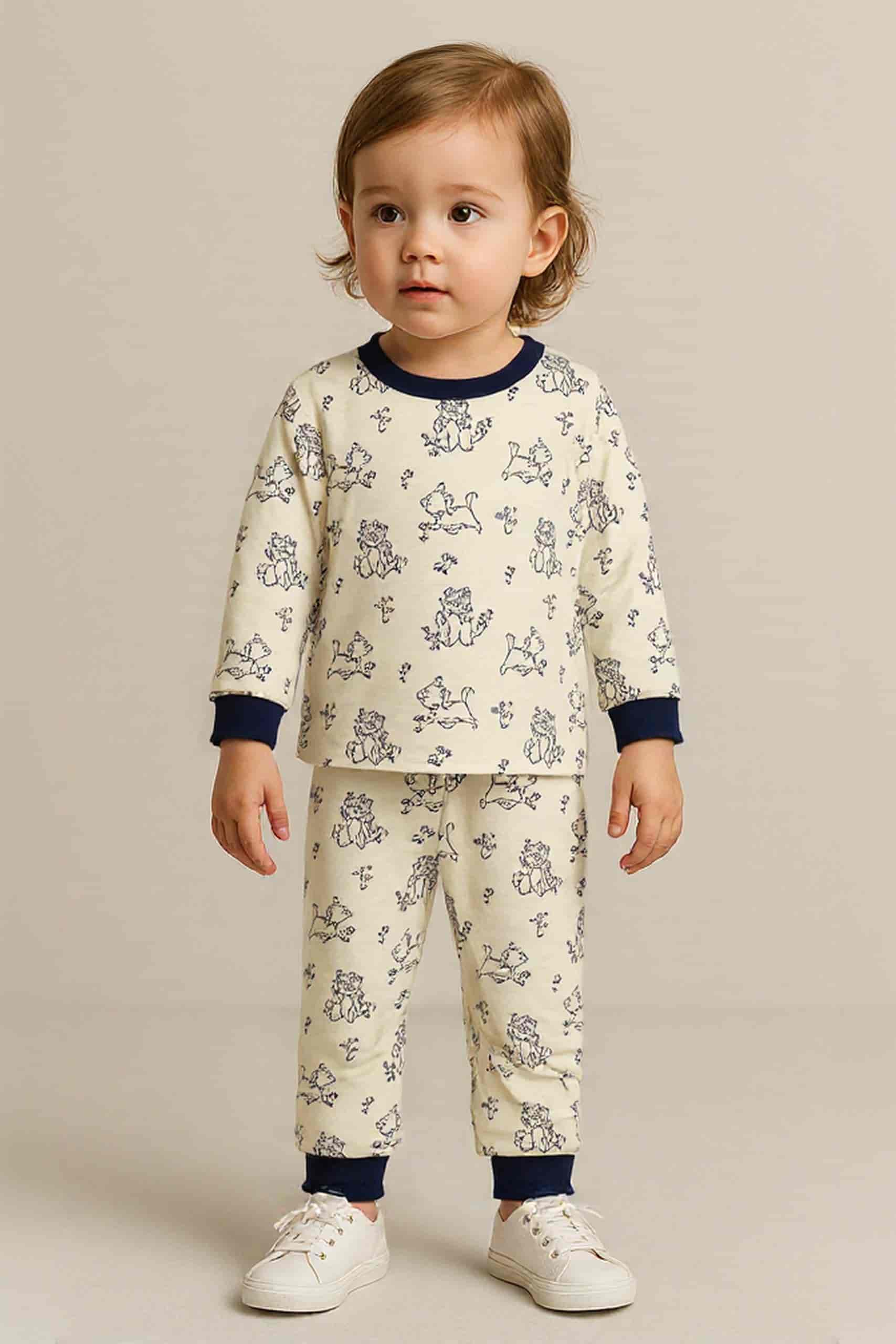 Marie Cat Baby Girl Full Sleeves Pajama Set- Beige