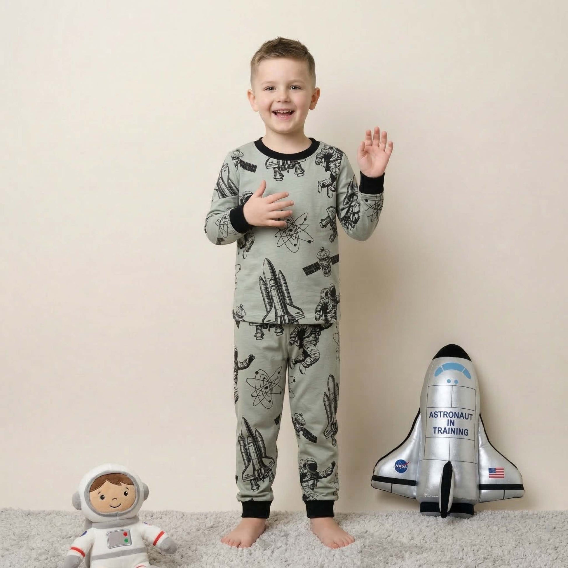 Astronaut In Training Boys Full Sleeves Pajama Set - Grey
