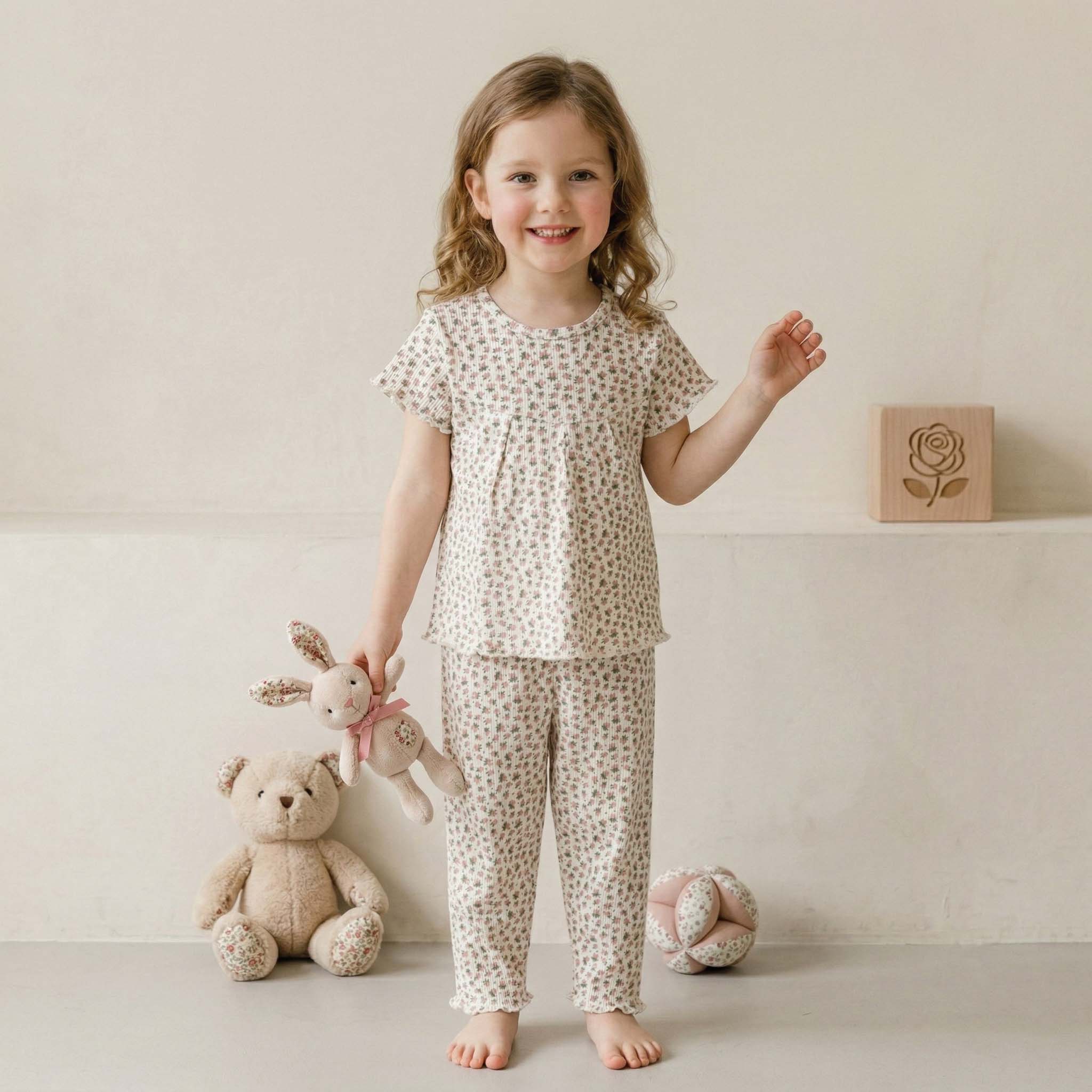 Ditsy Girls Half Sleeves Pajama Set - Cream