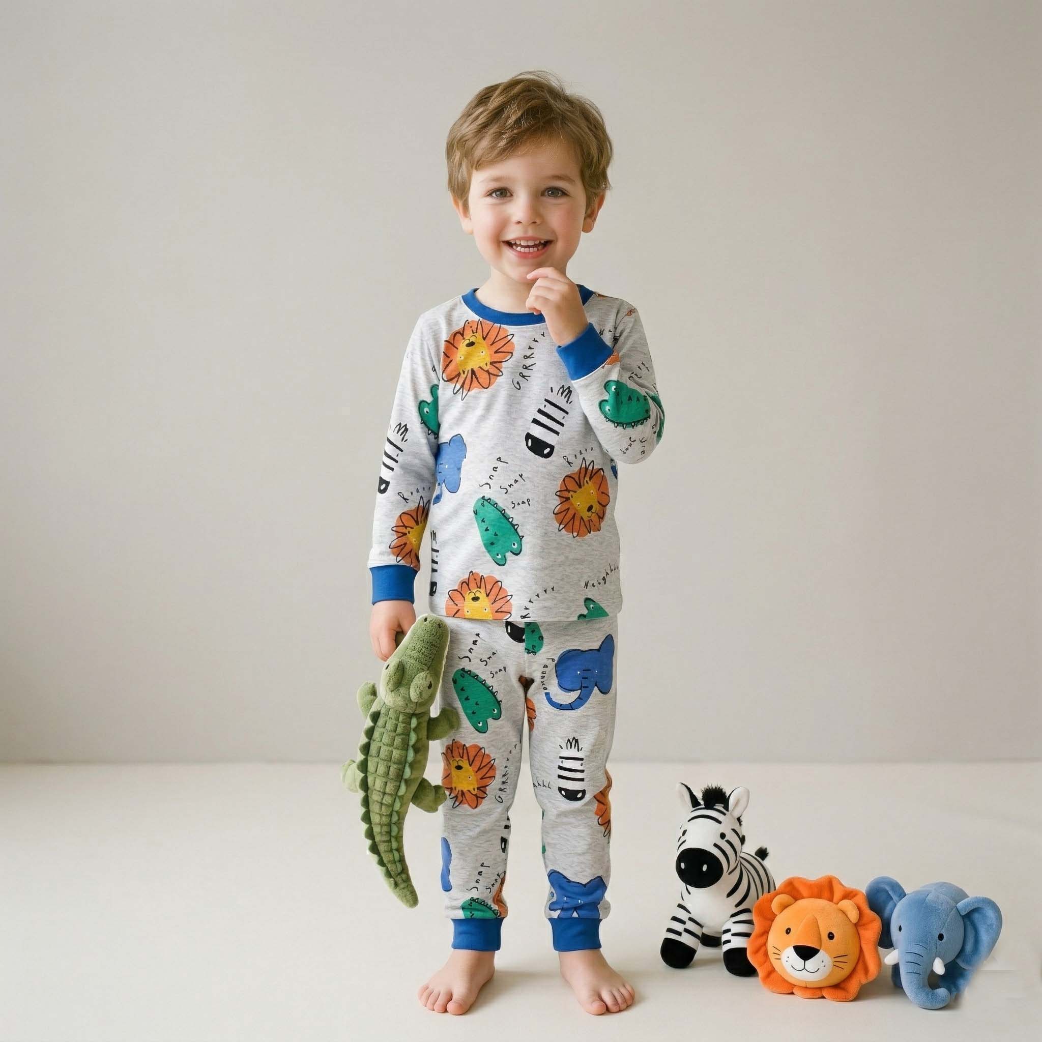 Animal Doodle Boys Full Sleeves Pajama Set - Grey