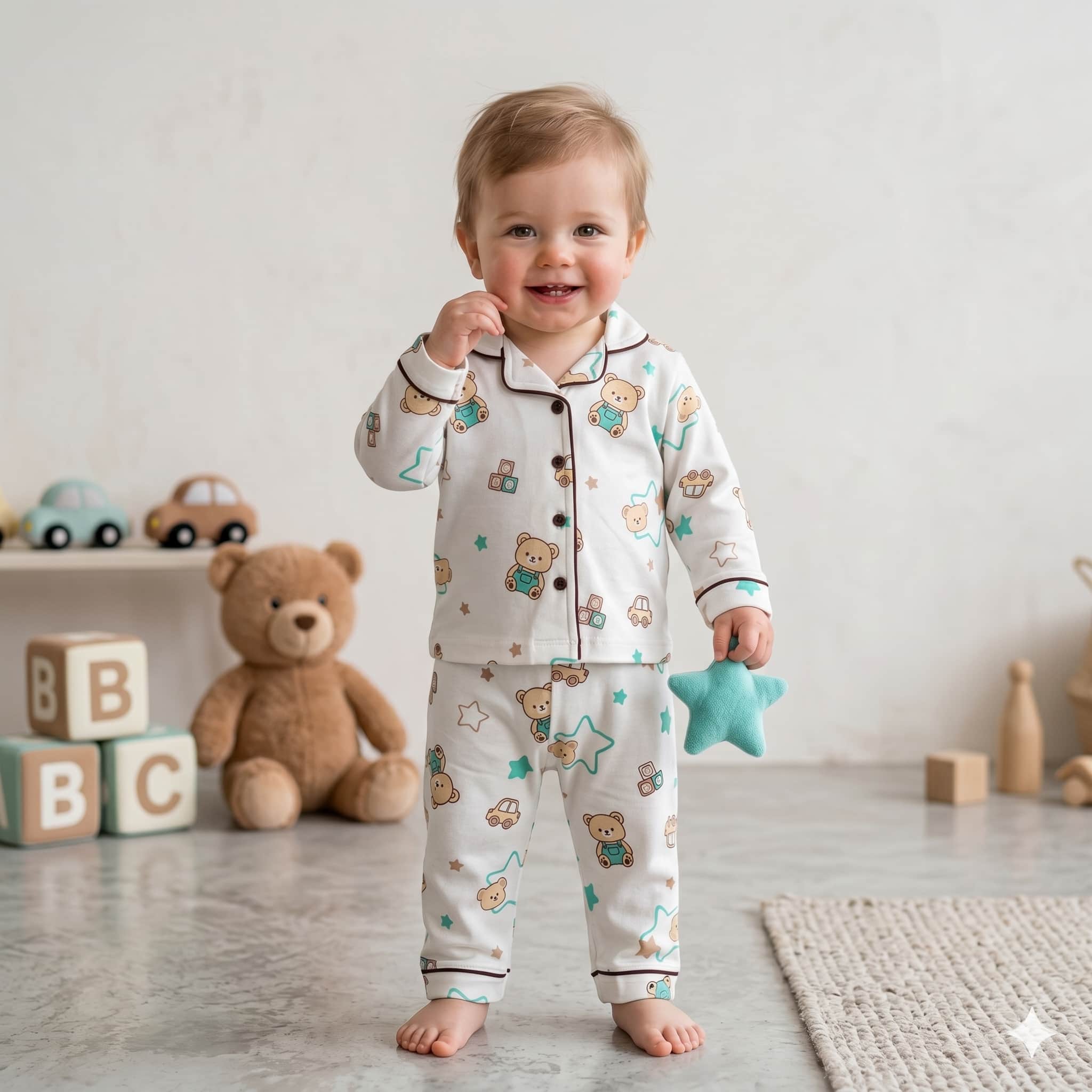 Teddy Tales Baby Boys Full Sleeves Pajama Set - White