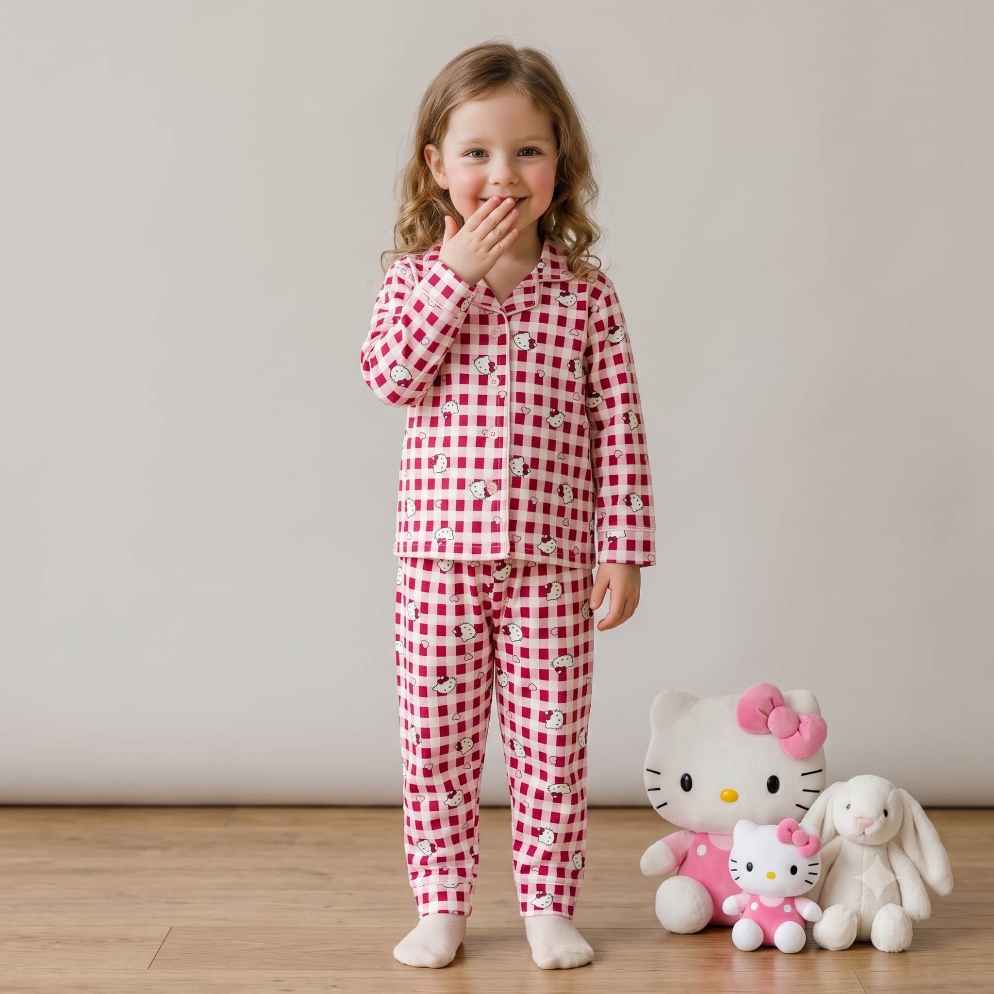 Checkered Hello Kitty Girls Full Sleeves Pajama Set – Pink