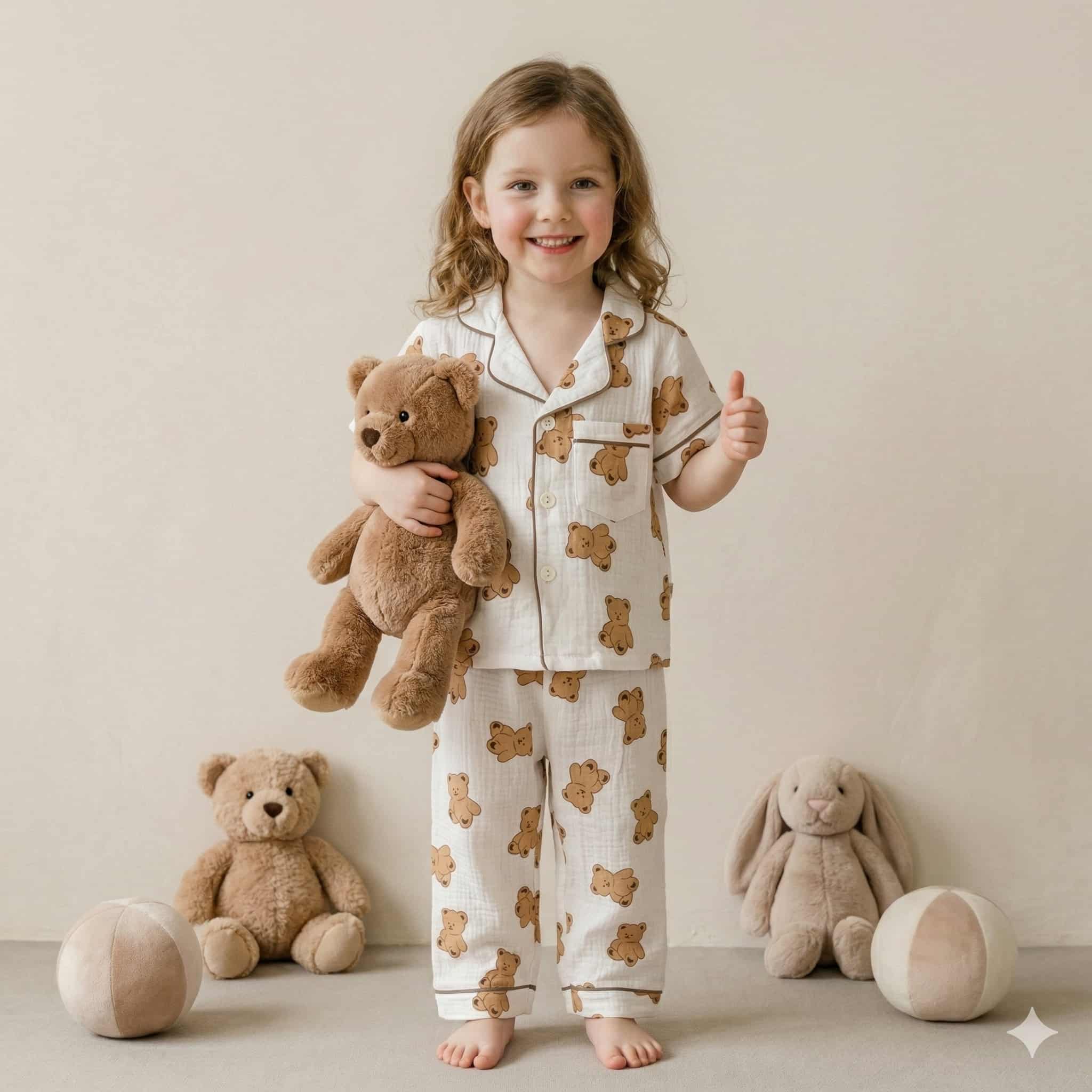 Teddy Girls Half Sleeves Pajama Set- White