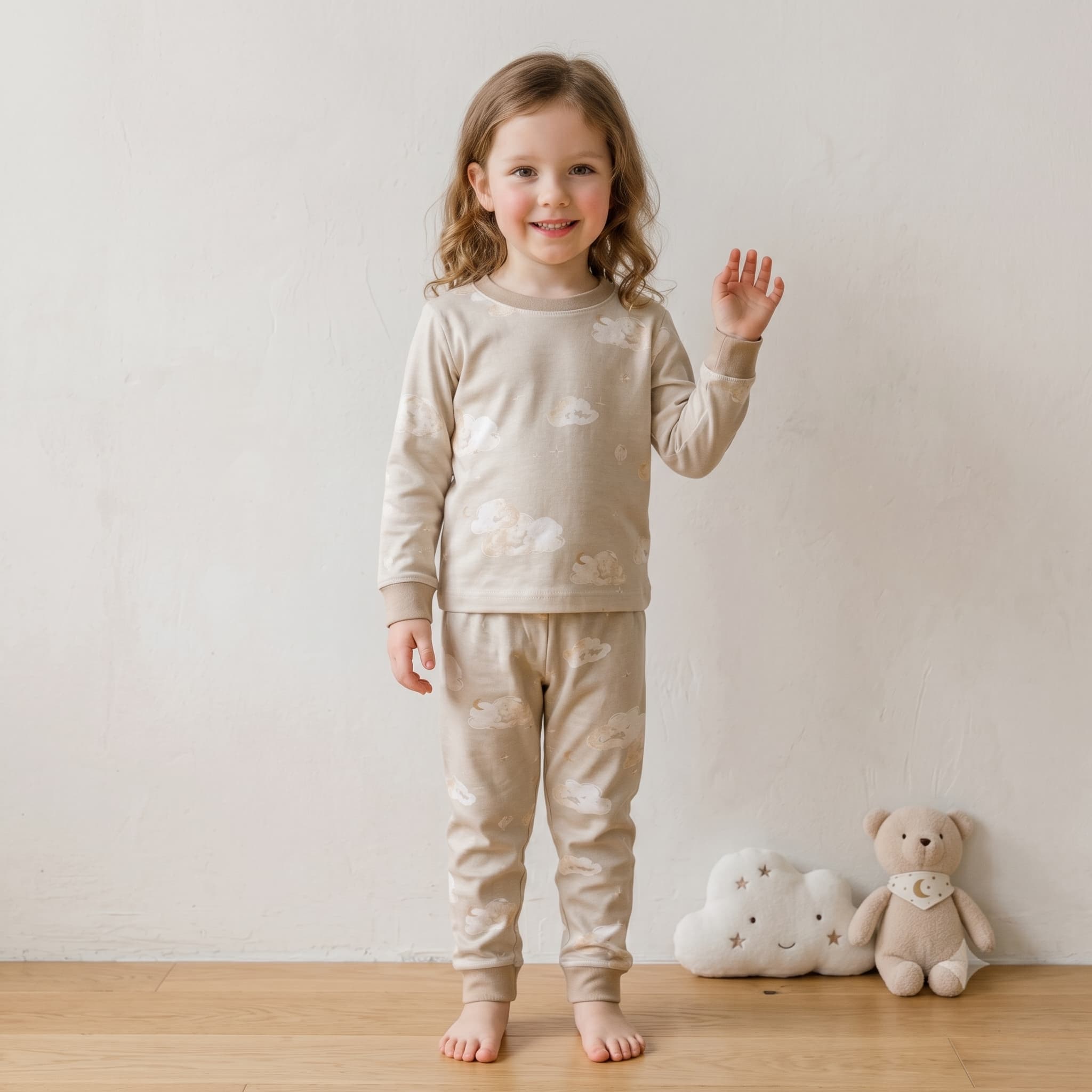 Dreamy Clouds Girls Full Sleeves Pajama Set - Beige