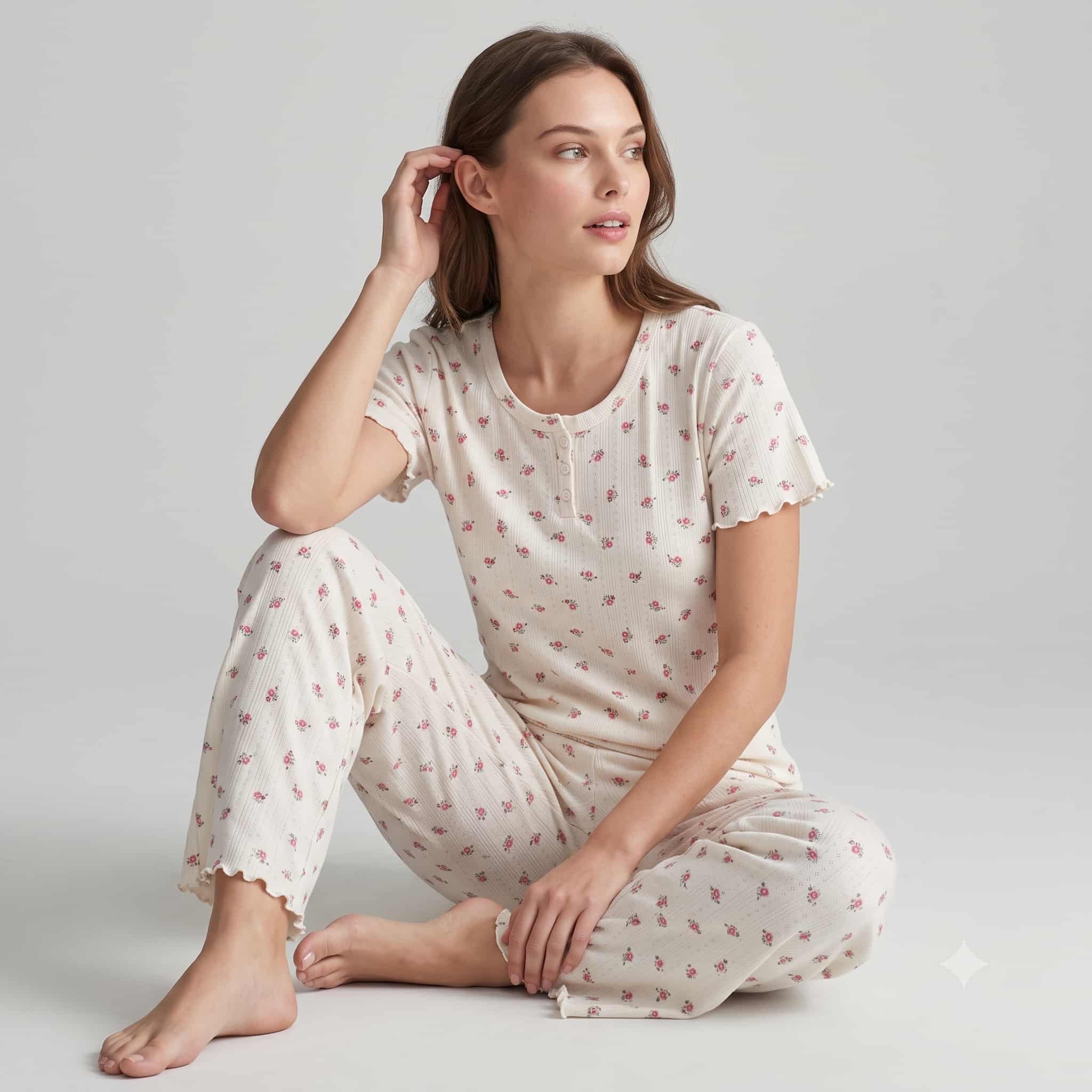 Rose Whisper Women Half Sleeves Pajama Set – Cream