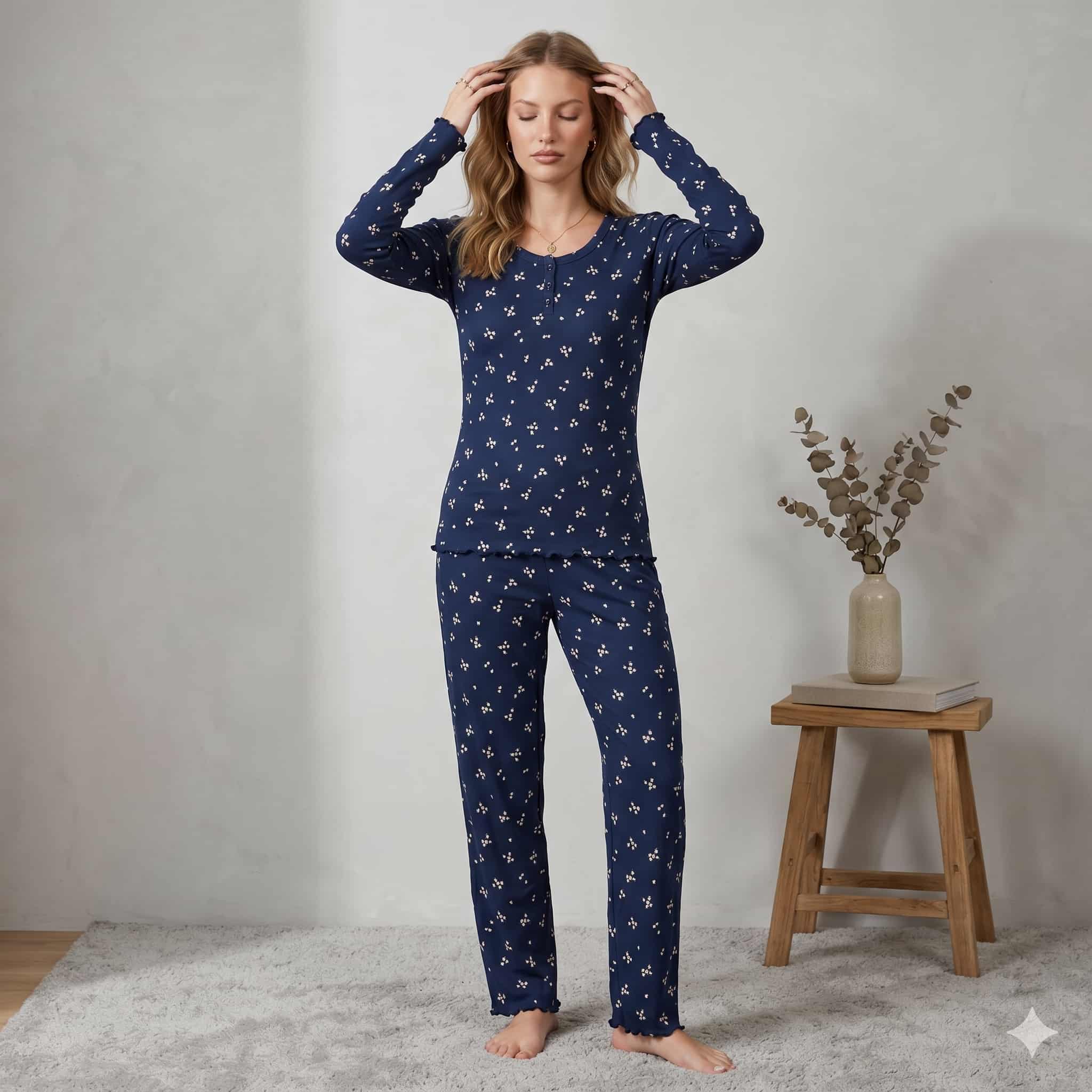 Midnight Bloom Women Full Sleeves Pajama Set - Navy Blue