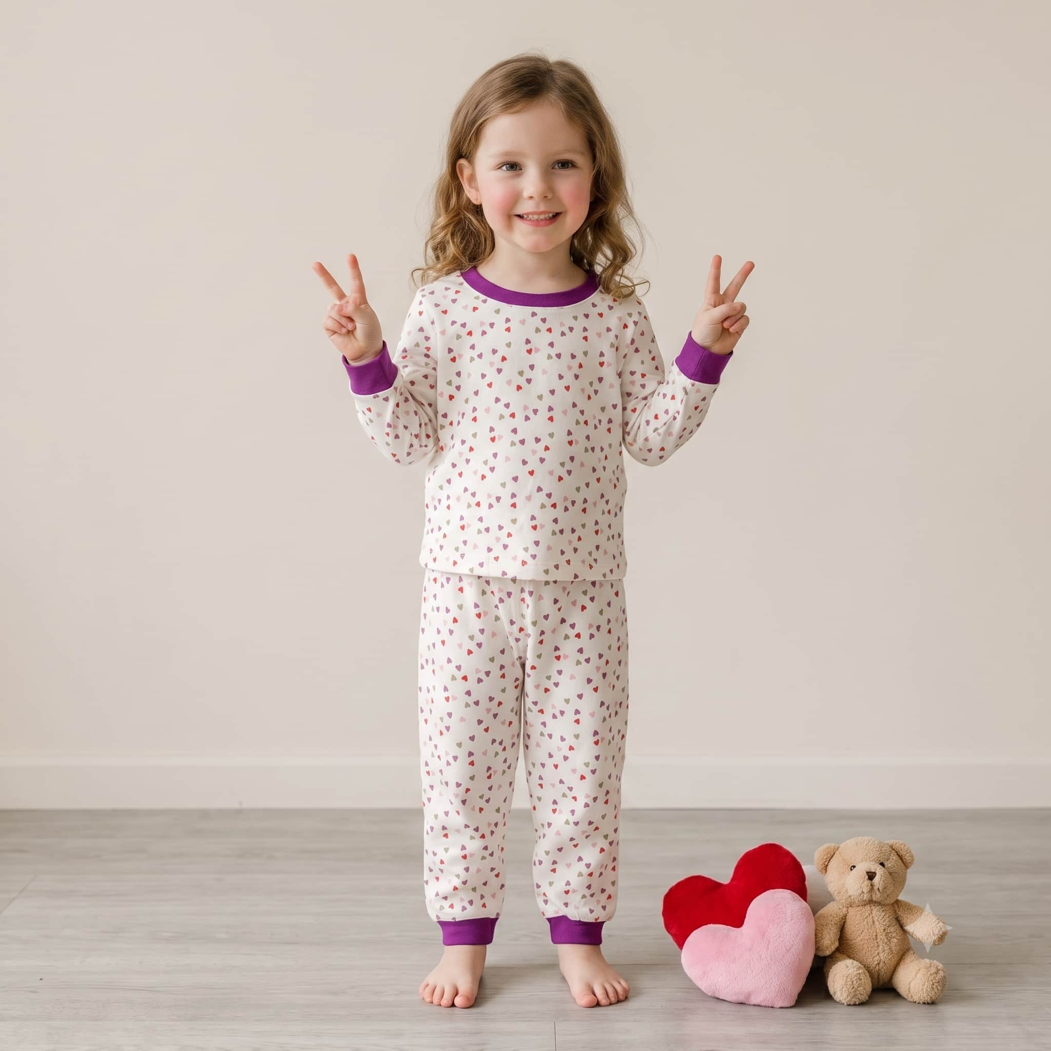 Confetti Hearts Girls Full Sleeves Pajama Set - Deep Purple