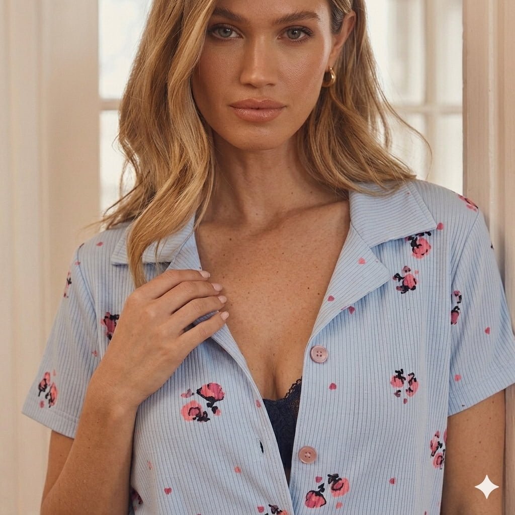 Petal Bliss Women Half Sleeves Pajama Set – Baby Blue