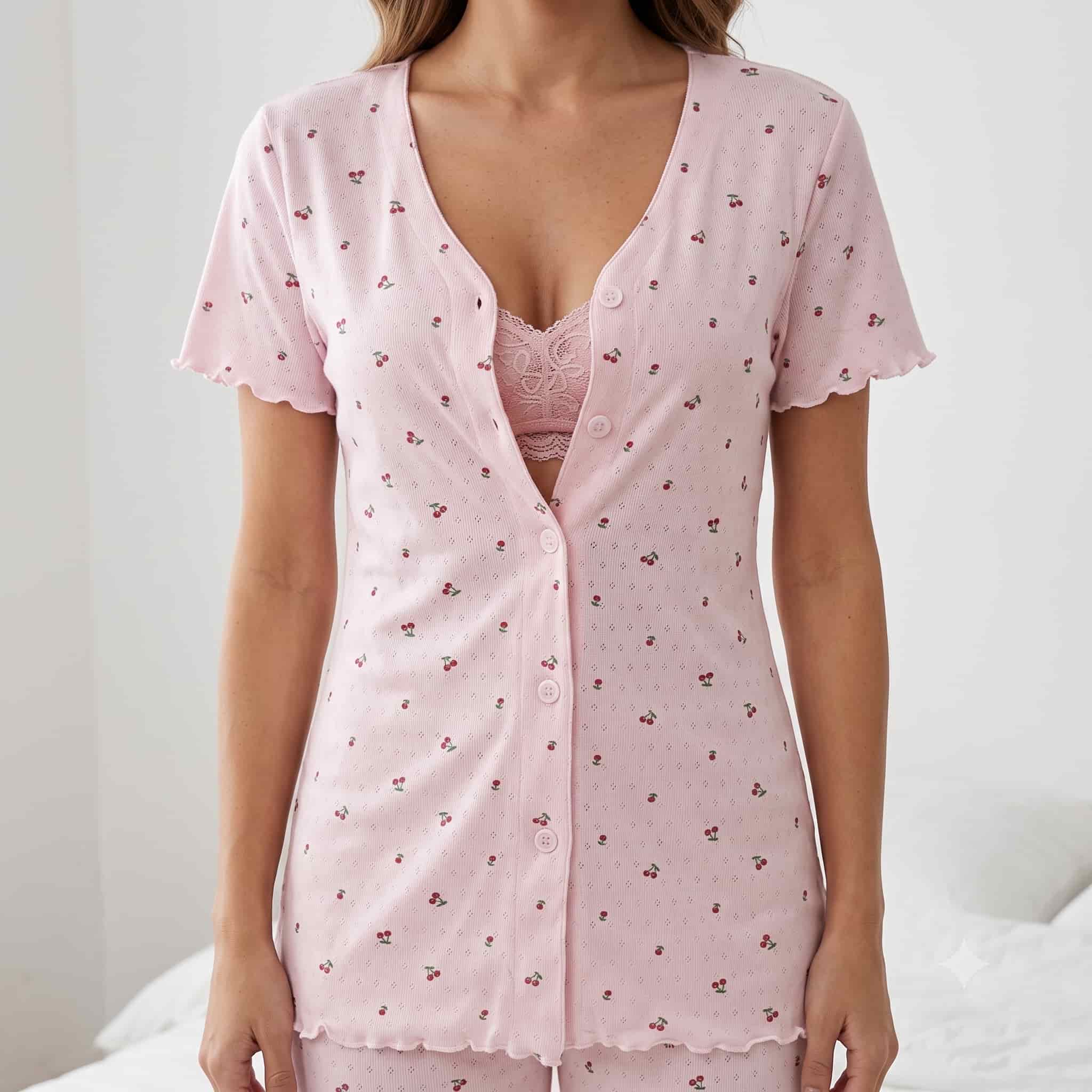 Pink Petal Women Half Sleeves Pajama Set – Baby Pink